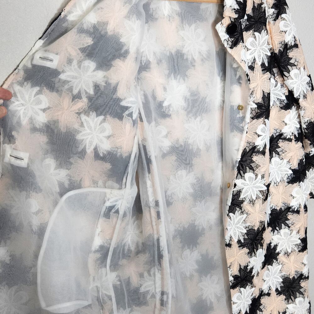 Kate Spade Floral Print Trench Coat Black Cream Size L Modern Classic - Picture 6 of 10